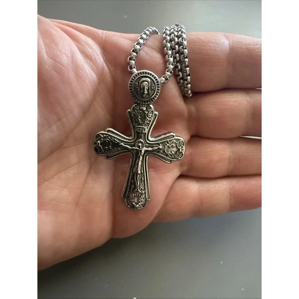 Cross Pendant Dark Silver Tone Stainless Steel 24” Box Chain Jesus Christ Unisex